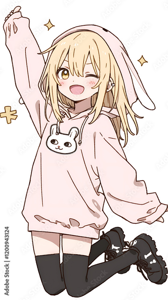 Cheerful character in a pink bunny hoodie jumping joyfully, with sparkles in the background Cheerful character in a pink bunny hoodie jumping joyfully, with sparkles in the background