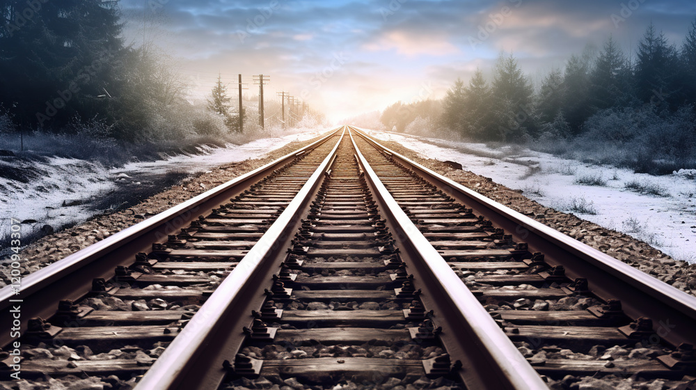 Fototapeta premium Winter Railroad Tracks Perspective