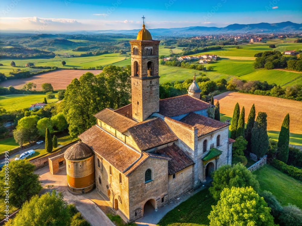 Aerial View of Agliate's Historic Santi Pietro e Paolo Church, Italy