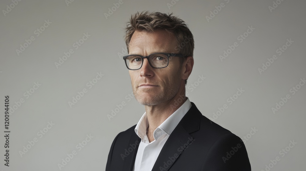 Portrait of a serious middle-aged man in a suit and glasses against a gray background. Portrait of a serious middle-aged man in a suit and glasses against a gray background.