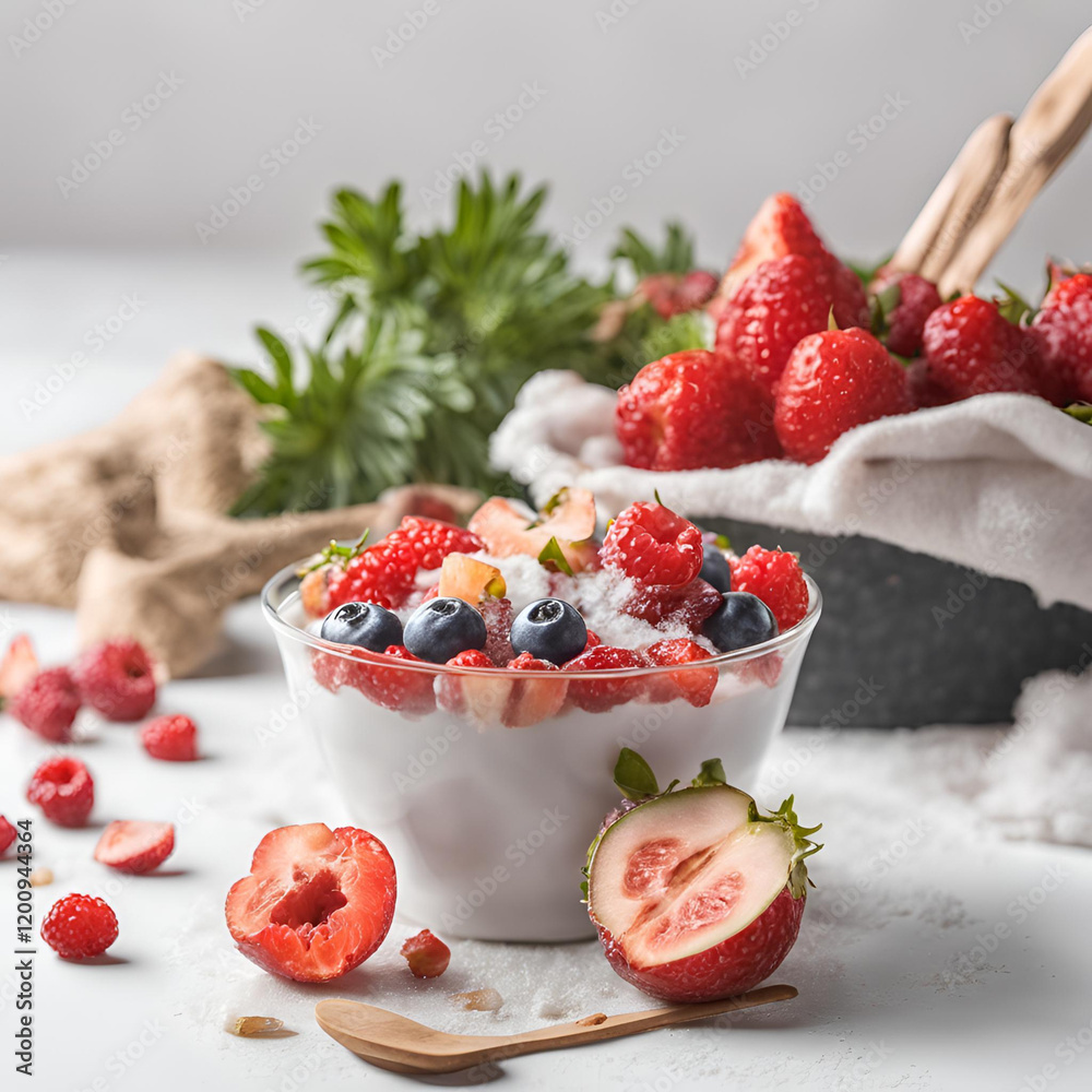 A fresh and healthy bowl of yogurt topped with mixed berries, including strawberries, raspberries, and blueberries. The vibrant fruits add a burst of color and natural sweetness to the creamy yogurt. A fresh and healthy bowl of yogurt topped with mixed berries, including strawberries, raspberries, and blueberries. The vibrant fruits add a burst of color and natural sweetness to the creamy yogurt.