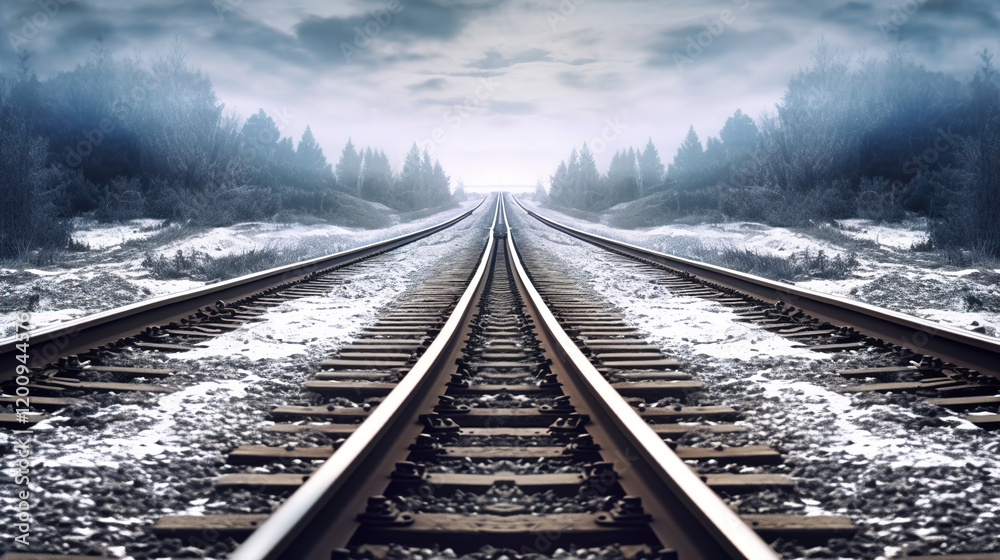 Fototapeta premium Winter Railroad Tracks Through a Misty Forest
