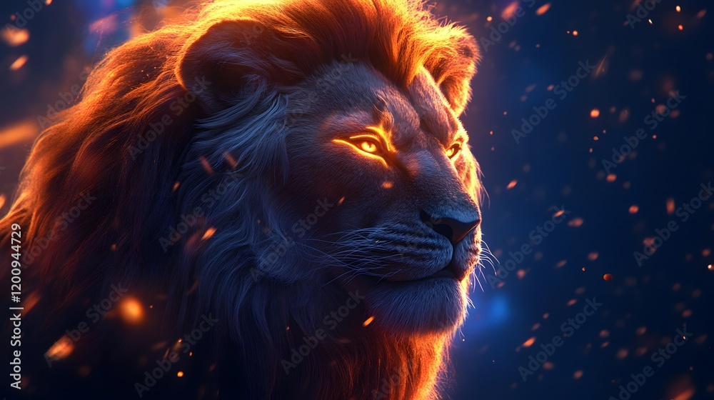 Fototapeta premium Fiery Lion Portrait, Night, Embers, Digital Art, Game