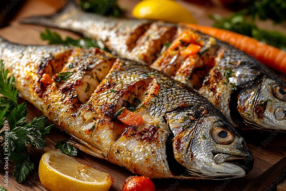 Tantalizing Grilled Fish with Herb Seasoning and Juicy Vegetables for Fresh and Flavorful Dining Experience : Generative AI Tantalizing Grilled Fish with Herb Seasoning and Juicy Vegetables for Fresh and Flavorful Dining Experience : Generative AI