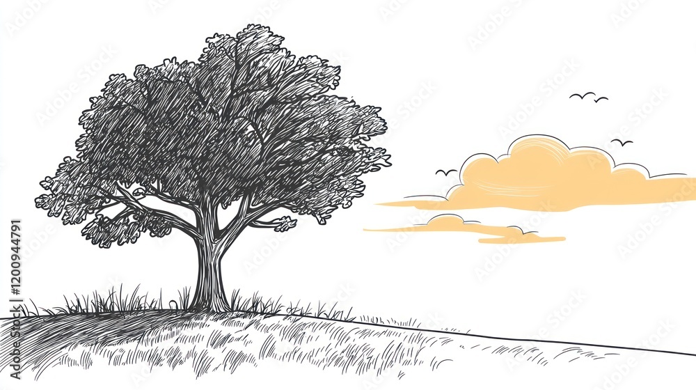 Fototapeta premium Solitary Tree Sketch: A Peaceful Sunset Landscape Drawing