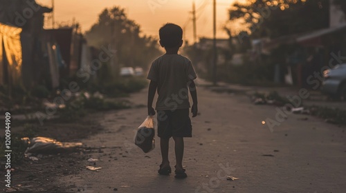 Fototapeta Naklejka Na Ścianę i Meble -  Silhouetted child standing alone on a street at sunset, carrying a plastic bag.