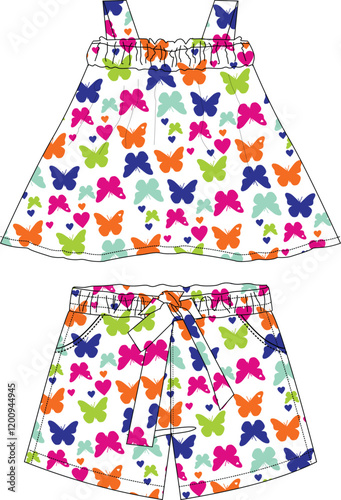butterfly all over pattern girls top with shorts  print vector art