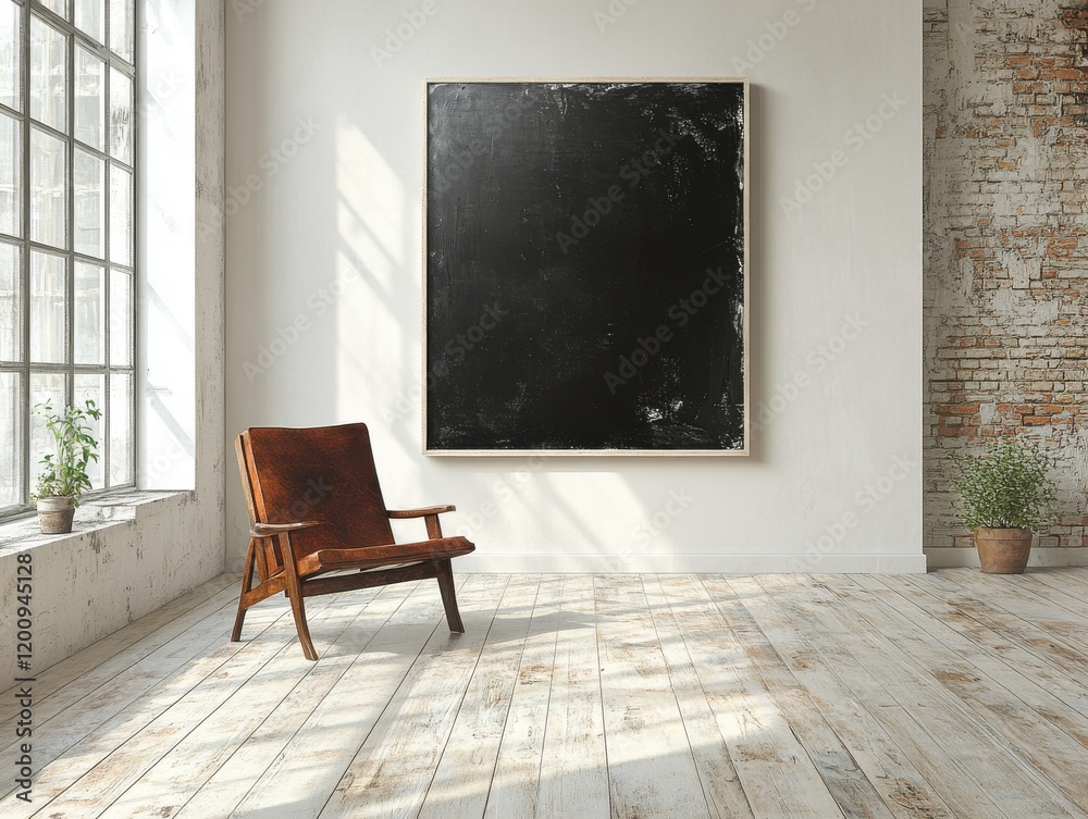 Fototapeta premium Cozy Interior with Wooden Chair and Blank Canvas on Wall
