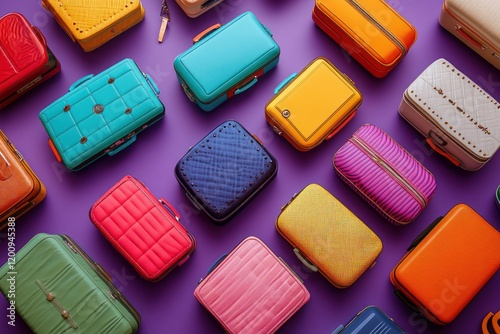 Colorful Suitcases Arranged on Purple Background, Travel Preparation.