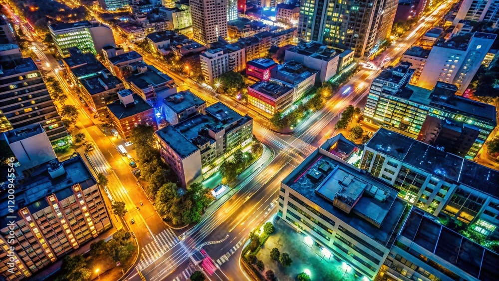 Aerial View of City Street at Night - Illuminated Buildings and Traffic