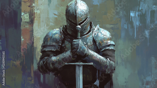 Templar knight in metal helmet and breastplate, sword in crossed hands isolated icon. Vector warrior medieval knight in armour metal protection. Armored hero, retro fighting soldier in fight battle,