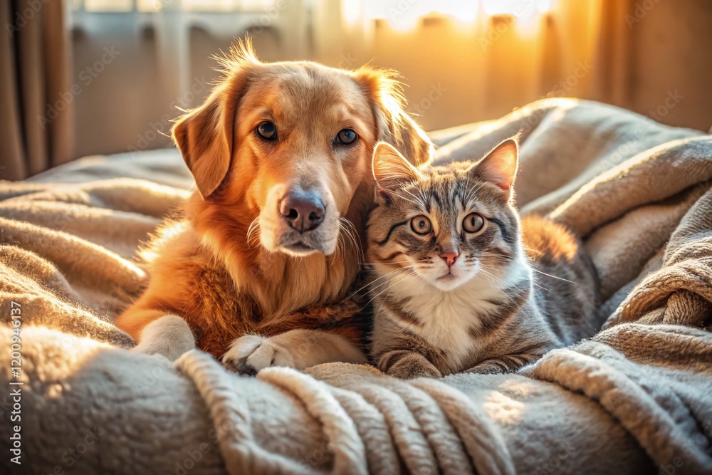 Aerial View of Dog and Cat Cuddling on a Cozy Bed Aerial View of Dog and Cat Cuddling on a Cozy Bed