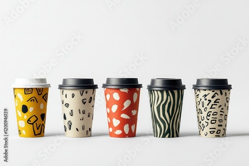 A front-view mockup of cardboard coffee cups with lids, showing variations in color and design. photo