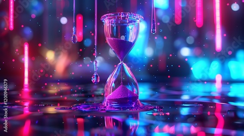 A luminescent hourglass dripping with glowing neon sand. photo