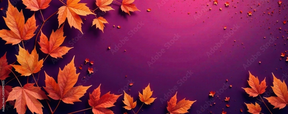 Dry orange metallic leaves, violet background Geometric autumnal design , botanical, texture, geometric pattern Dry orange metallic leaves, violet background Geometric autumnal design , botanical, texture, geometric pattern
