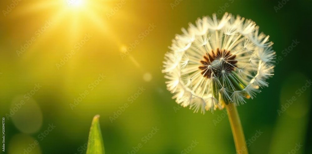 Mature dandelion in bright sunshine, seeds dispersing , flora, dispersing