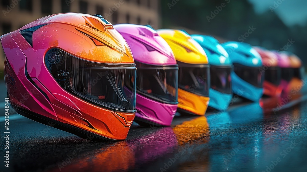 Fototapeta premium Colorful Helmets Lineup, Wet Track, Race Day