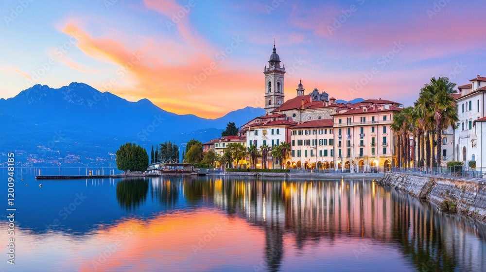 Fototapeta premium Serene lakeside view at sunset with mountains in the background.