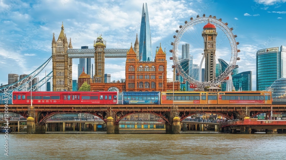 Obraz premium A whimsical collage of global landmarks with a train in the foreground