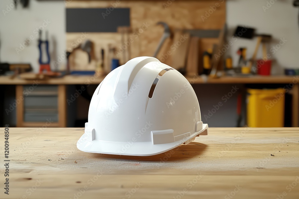 A close-up of a white safety helmet mockup, placed on a wooden workbench with tools in the background. A close-up of a white safety helmet mockup, placed on a wooden workbench with tools in the background.