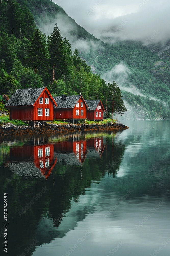 Fototapeta premium A row of red wooden houses on the shore, surrounded by green forests and misty mountains, reflecting in the calm waters of a Norwegian fjord landscape.