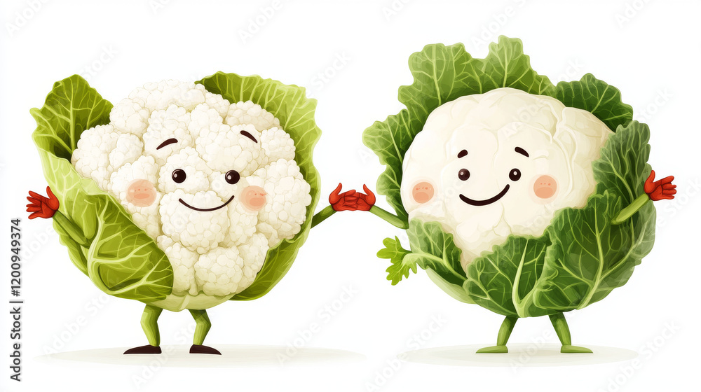 Obraz premium Funny cartoon cauliflower and chinese cabbage vegetables with hands, isolated on white background