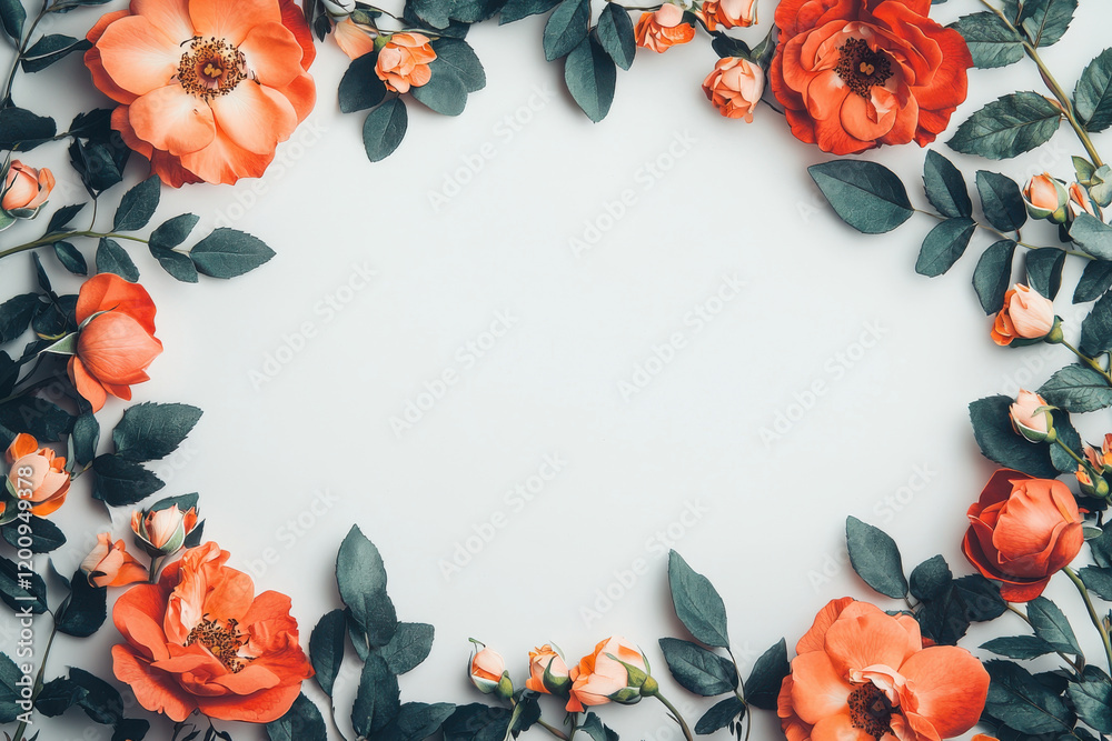 Obraz premium Fiery red roses and green leaves arranged as romantic floral frame on white background blank background space for text
