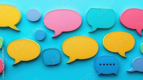 Colorful speech bubbles on blue background, communication concept