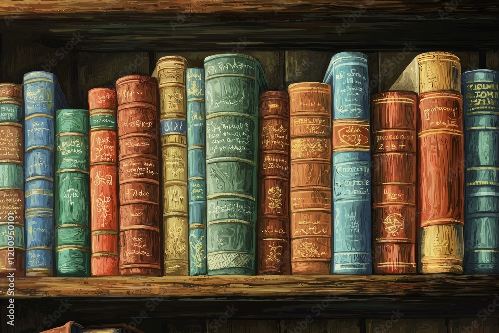 An old bookshelf filled with colorful books, perfect for clip art or background in educational projects. 