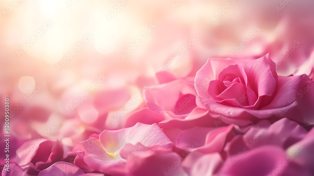 A dreamy cascade of pink rose petals floating through a soft light-filled background creating an ethereal effect A dreamy cascade of pink rose petals floating through a soft light-filled background creating an ethereal effect