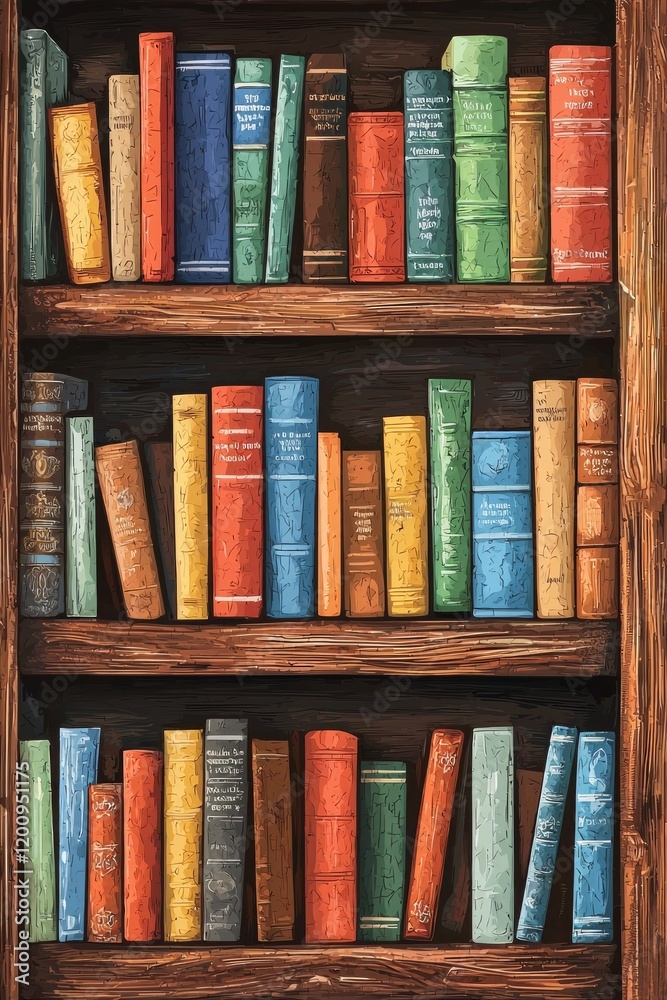 Fototapeta premium An old bookshelf filled with colorful books, perfect for clip art or background in educational projects. 