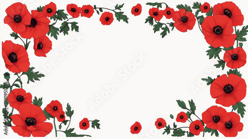 Remembrance Day poster with red poppy flower frame. Lest We Forget floral banner for 11 November World War soldier and veteran memorial card with red flower of poppy and green leaf