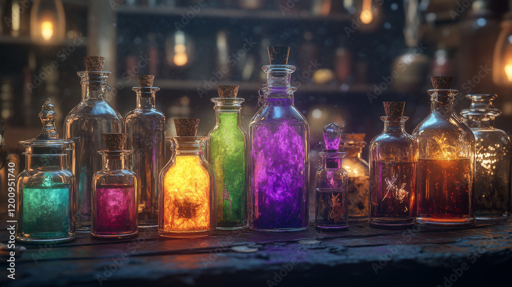 Halloween witchcraft, potion and poison cartoon bottles, phials and flasks, vector. Magic potion and witch elixir in crystal glass jars with love potion, energy power spell, magic fire and death skull Halloween witchcraft, potion and poison cartoon bottles, phials and flasks, vector. Magic potion and witch elixir in crystal glass jars with love potion, energy power spell, magic fire and death skull