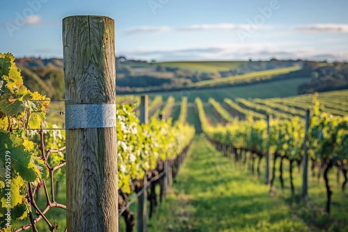 A wooden fence post in the foreground with vineyards and rolling hills, golden hour lighting and blue sky