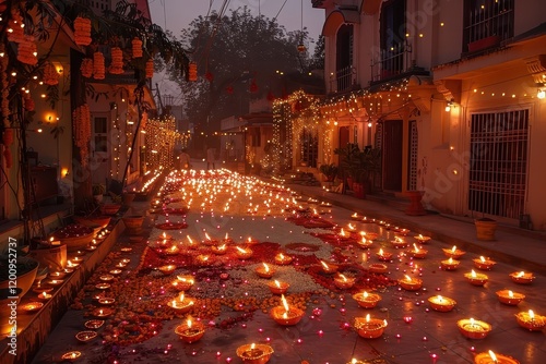 A serene Diwali festival in India, with homes adorned with twinkling lights and candles, symbolizing the victory of light over darkness. photo