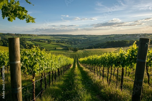 A wooden fence post in the foreground with vineyards and rolling hills, golden hour lighting and blue sky