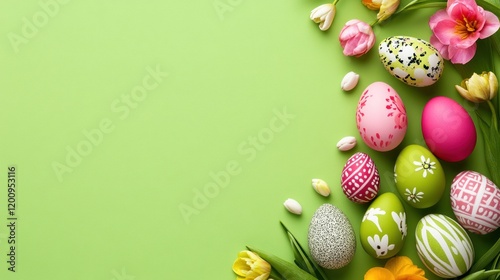 Pastel Easter eggs and spring flowers on green background. photo