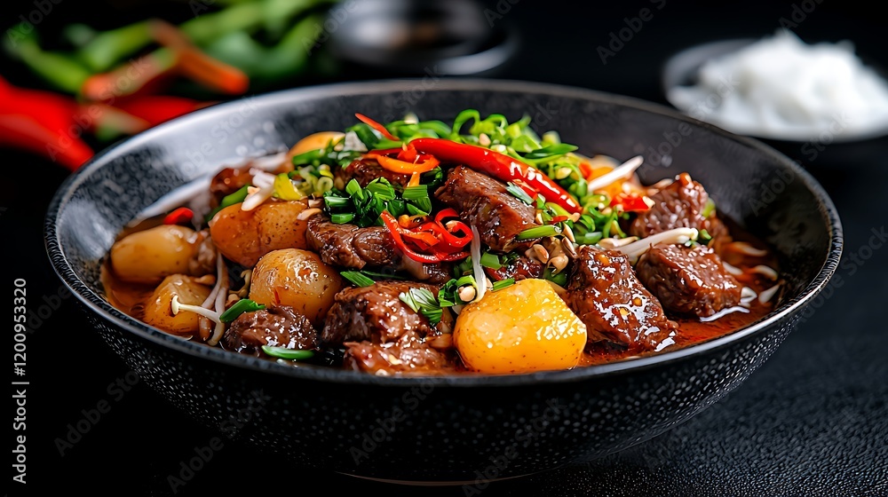 Savory Beef Stew with Potatoes and Chili Peppers in a Dark Bowl Savory Beef Stew with Potatoes and Chili Peppers in a Dark Bowl