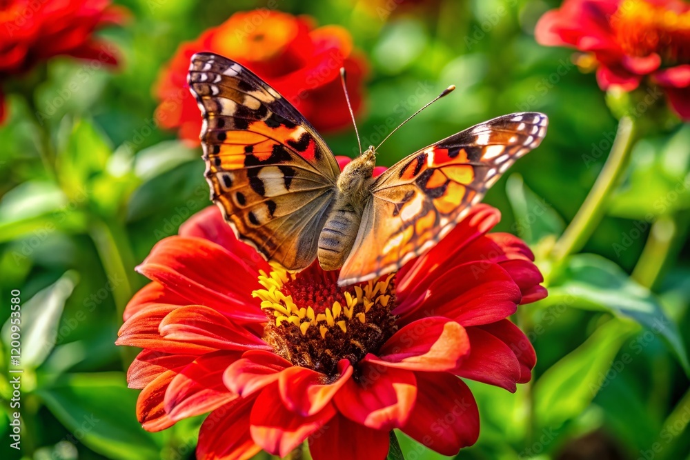 Obraz premium Aerial View: Painted Lady Butterfly on Red Flower, Summer Garden