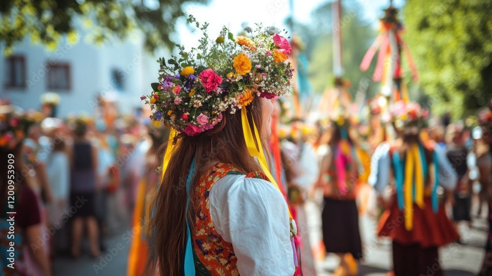 Fototapeta premium Woman in floral crown, folk costume, parade, crowd of people