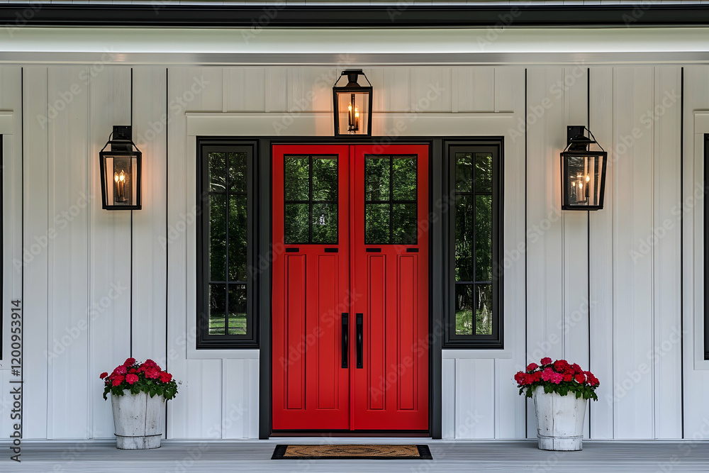 Fototapeta premium Red front door of modern farmhouse with white porch and flower pots