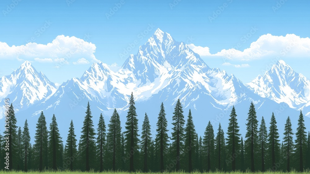 Majestic Snow-Capped Mountains Rising Above a Coniferous Forest Under a Blue Sky Majestic Snow-Capped Mountains Rising Above a Coniferous Forest Under a Blue Sky
