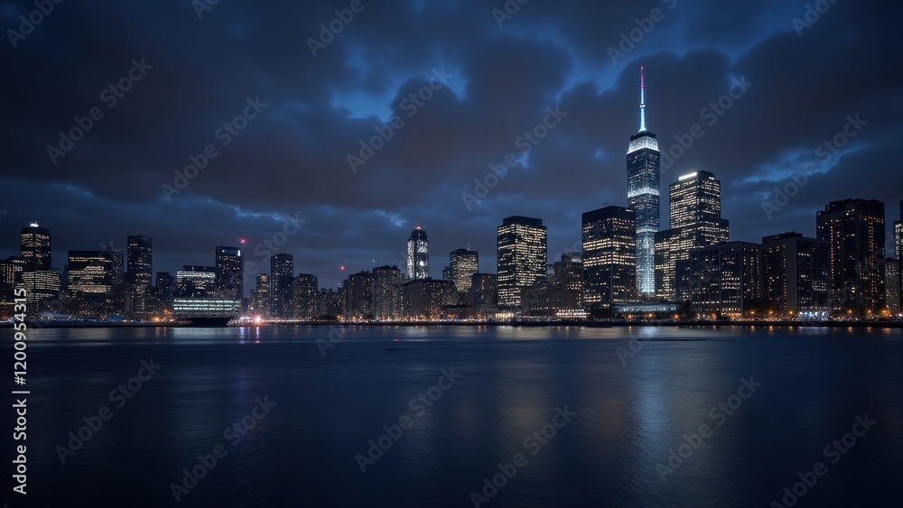 Night envelops NYC's skyline; twinkling lights reflect off the serene waters below. Dark blue heavens adorned with fluffy clouds contrast the city’s luminescence Night envelops NYC's skyline; twinkling lights reflect off the serene waters below. Dark blue heavens adorned with fluffy clouds contrast the city’s luminescence