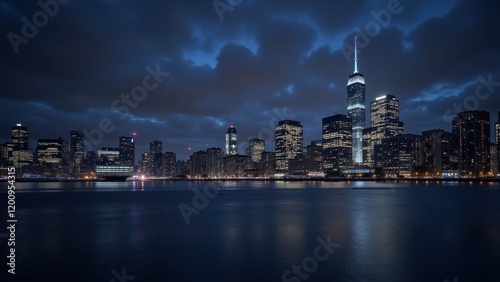 Night envelops NYC's skyline; twinkling lights reflect off the serene waters below. Dark blue heavens adorned with fluffy clouds contrast the city’s luminescence