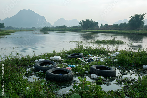 Garbage and plastic scattered near open pit with grassy summer landscape