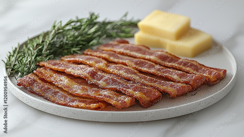 Crispy bacon, cheese, rosemary, plate, kitchen, breakfast, food photography, recipe
