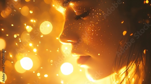 Golden Lights Embrace Womanly Face Gentle Radiance