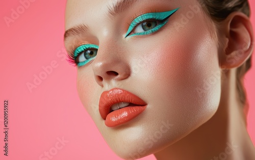 A bold portrait with teal eyeliner, bronze eyeshadow, and vibrant coral lips, on a pastel pink backdrop