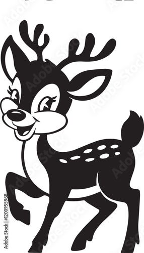 A black-and-white silhouette of a funny and playful cartoon deer