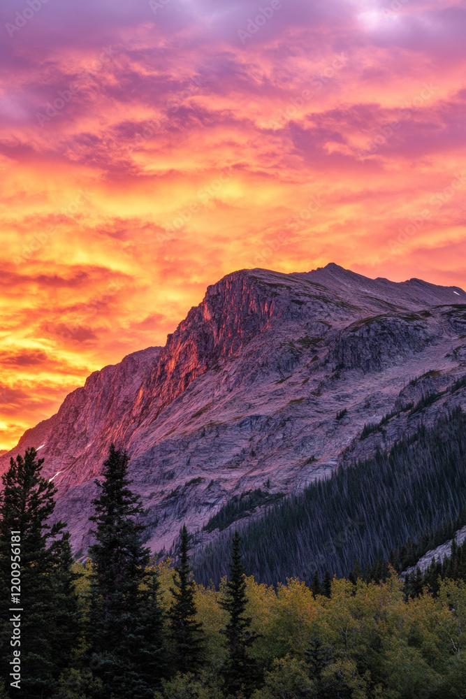 Obraz premium A breathtaking sunset illuminates the rocky mountain peak with vibrant orange and pink hues, surrounded by lush evergreen and deciduous trees.